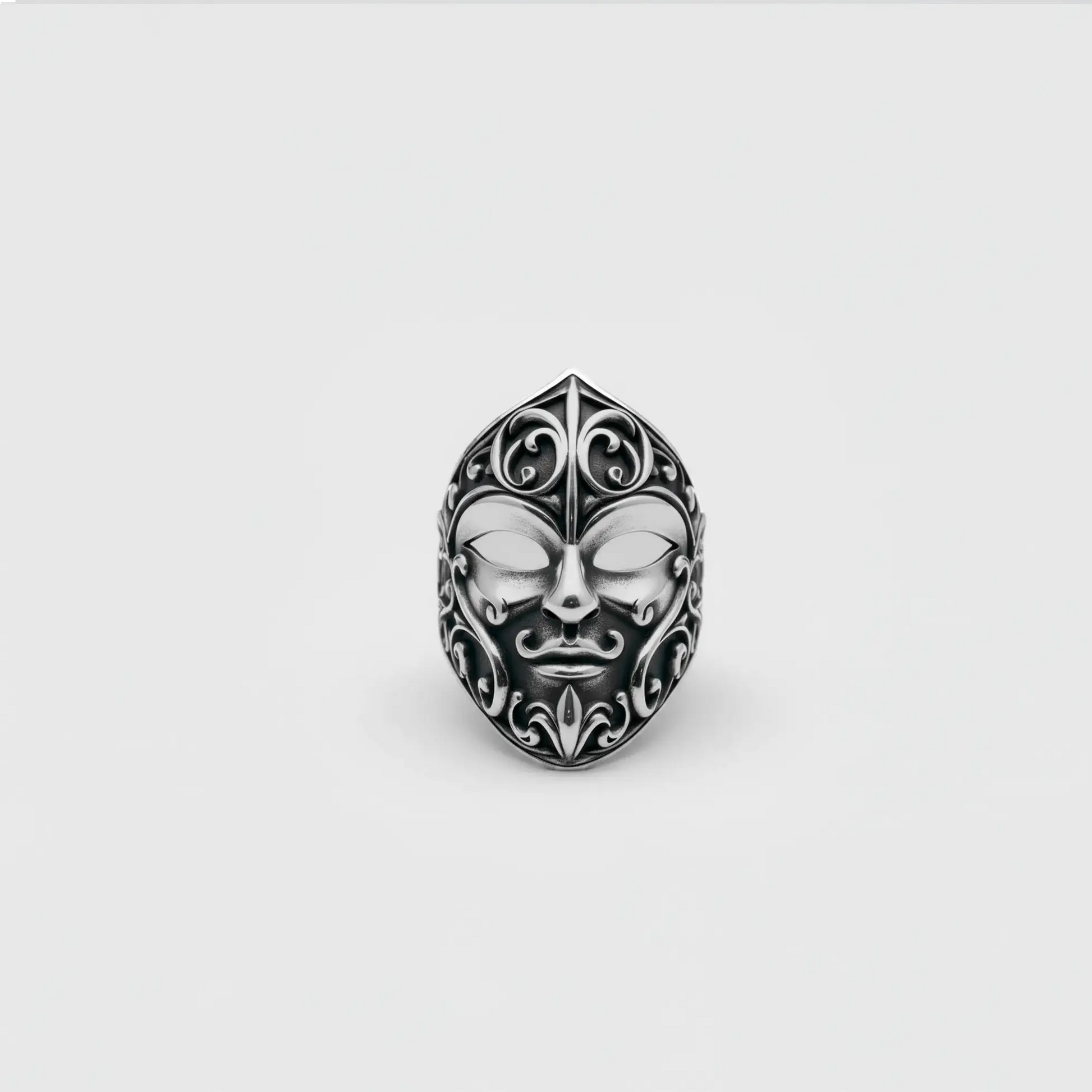 Handcrafted ventian mask silver ring for men, jewelry inspired in ancient cultures. 