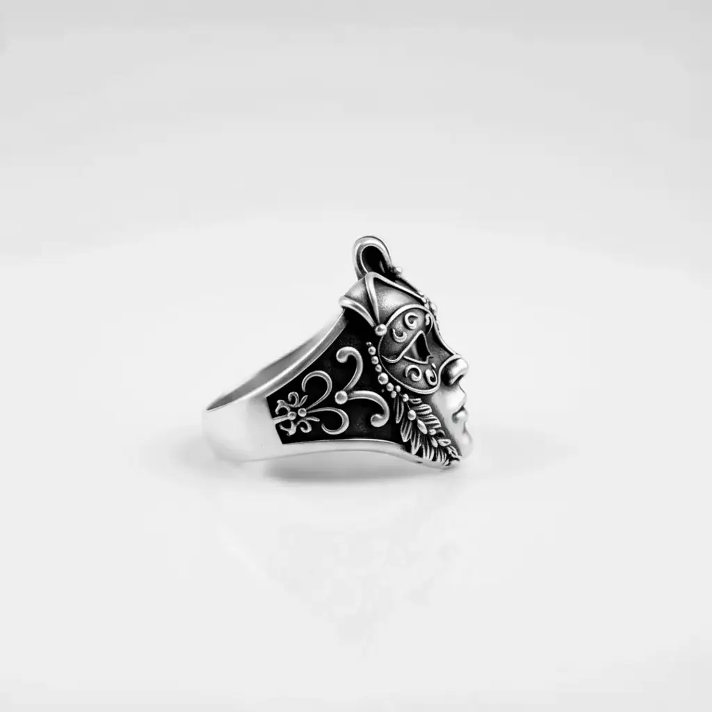 Silver venetian mask ring with intricate designs on a light gray background