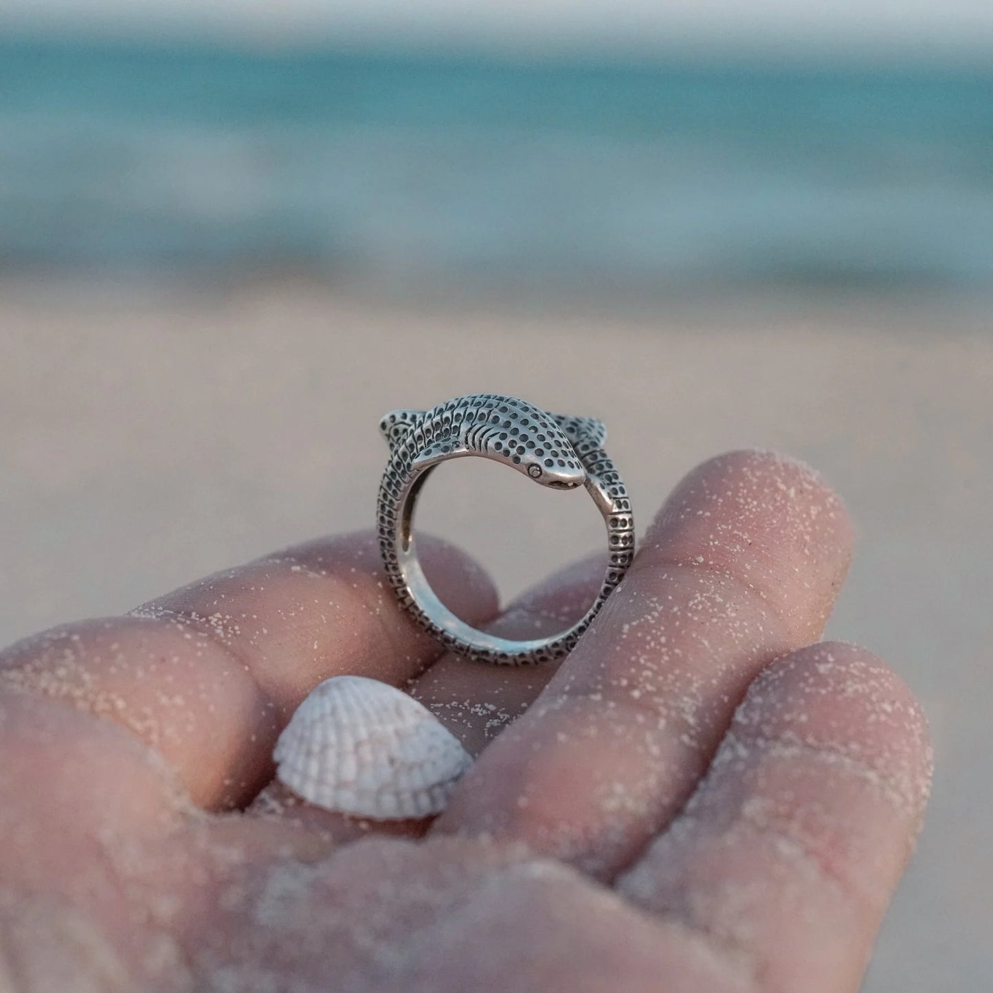 minimalist whale shark silver ring