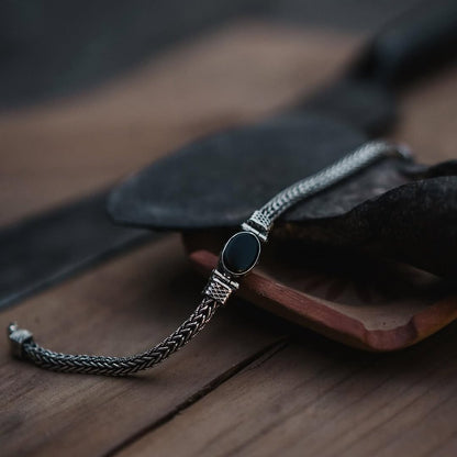 woven silver bracelet with obsidian gemstone, men's jwelry