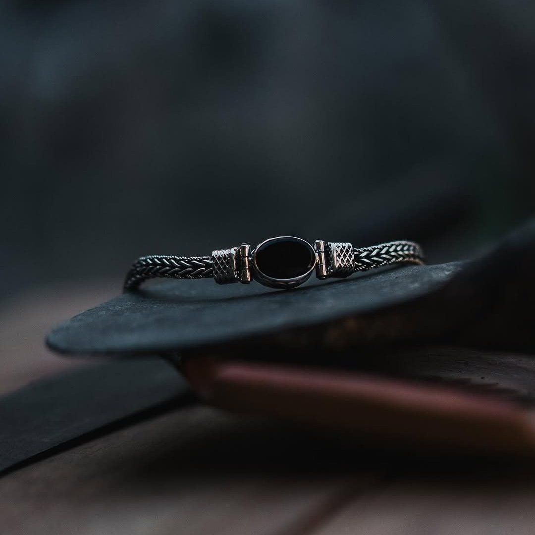 woven silver bracelet with obsidian gemstone, men's jwelry